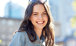 Woman with sunglasses standing outside and smiling